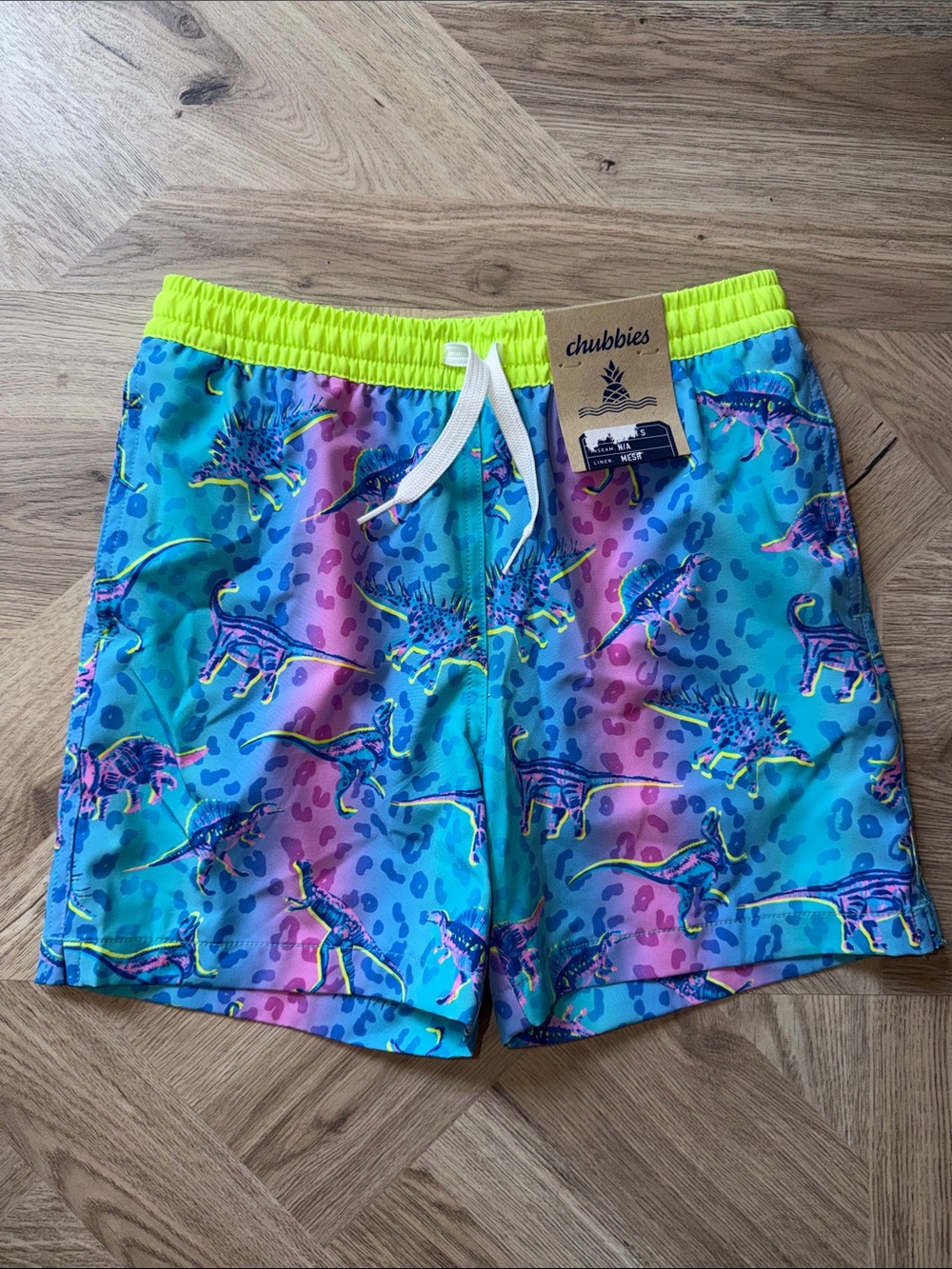 chubbies Neon Blue & Hot Pink Dinosaur Swim Shorts with Yellow Waistband